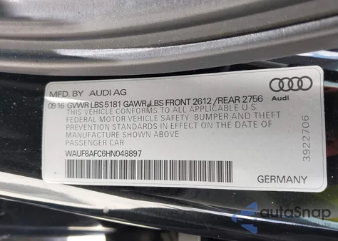 2017 Audi A6 2.0T Premium из США, поврежденный, VIN WAUF8AFC6HN048897